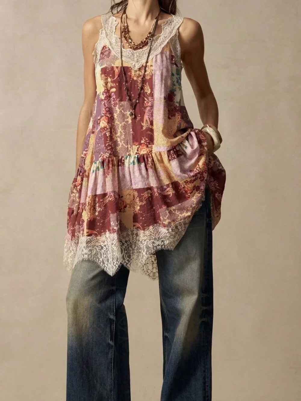 Multicolor Boho Women's Floral Print Contrast Lace Hem Sleeveless Short Dress